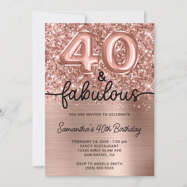 Glittrande Rose Gold Glam 40 och Fantastisk Inbjudningar (Framsida)