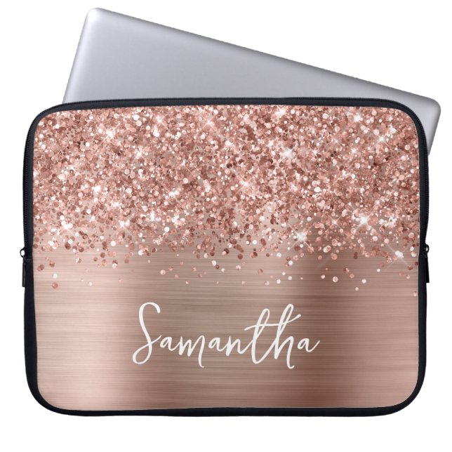 Glittrande Rose Gold Glam Handskriven Skript Namn Laptop Fodral (Framsidan)