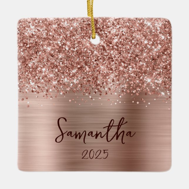 Glittrande Rose Gold Glam Namn Foto Julgransprydnad Keramik (Framsida)
