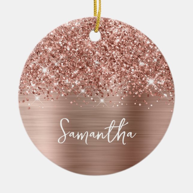 Glittrande Rose Gold Glam Namn Foto Julgransprydnad Keramik (Framsidan)