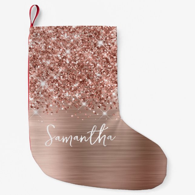 Glittrande Rose Gold Glam Namn Liten Julstrumpa (Framsidan)