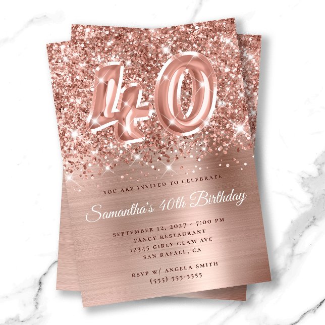 Glittrande Rose Gold Glam Nummer 40-årsdag Inbjudningar (Glittery Rose Gold Glam Number 40th Birthday Invitation)