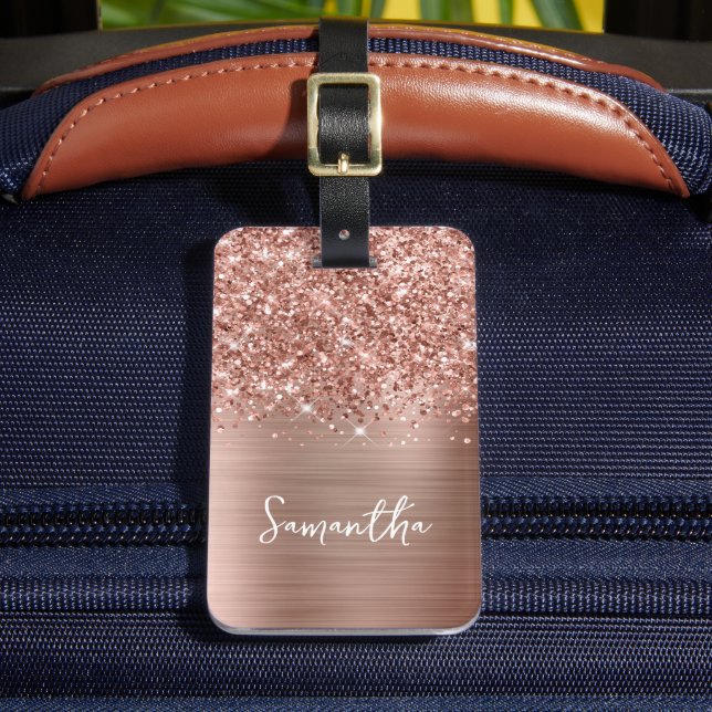 Glittrande Rose Gold Glam Skriptnamn Bagagebricka (Framsida Insitu 2)
