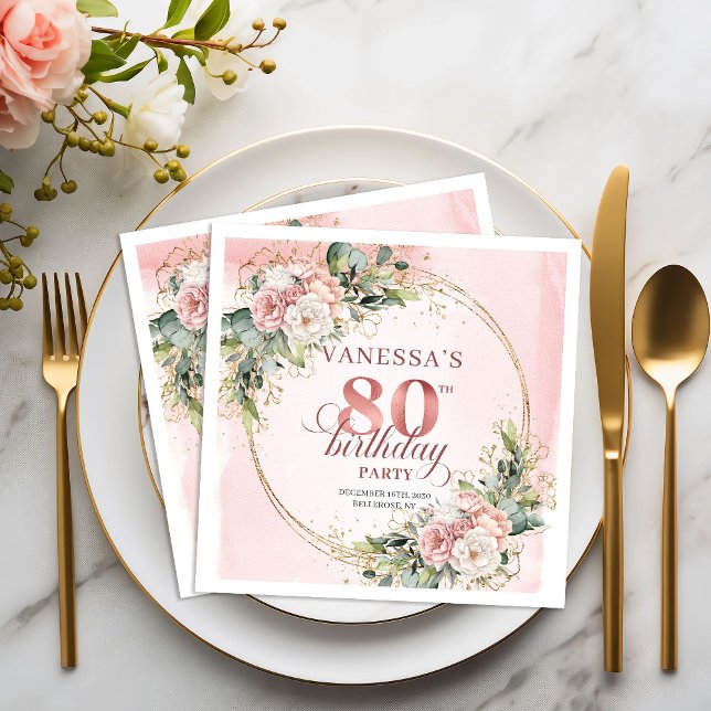 Glittrande Rose Gold Rodnad Rosa 80 Födelsedagsser Pappersservett (Shimmering Rose Gold Blush Pink 80th Birthday Napkins)