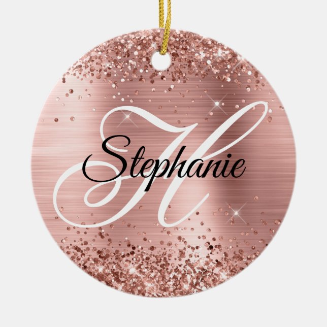 Glittrande Rose Guld Folie Fancy Monogram Julgransprydnad Keramik (Framsidan)
