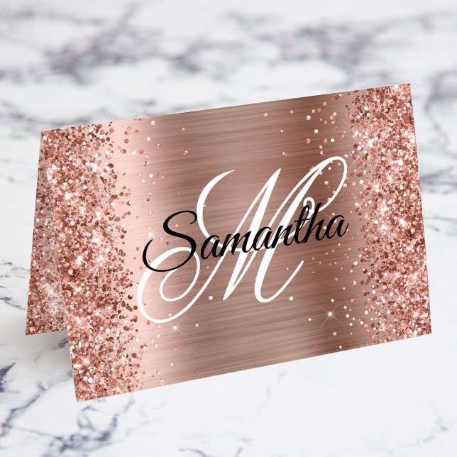 Glittrande Roséguld Fancy Monogram Bordskort (Fold your own individual place cards with a girly glam personalized fancy monogram.)