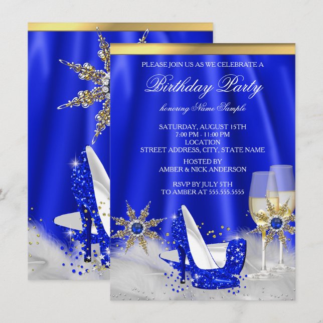 Glittrande Royal Blue Höga Klackar Guld Champagne  Inbjudningar (Fram/baksida)