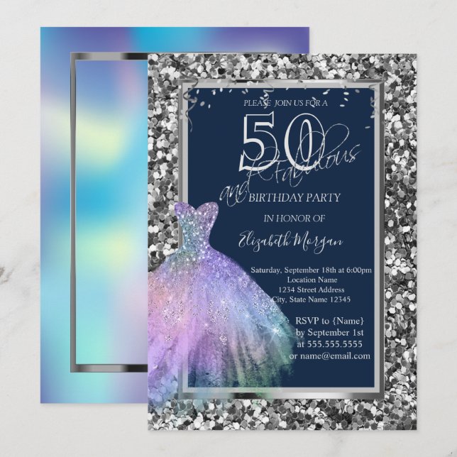 Glittrande Sequins Klänning Holografisk 50-årsfira Inbjudningar (Fram/baksida)