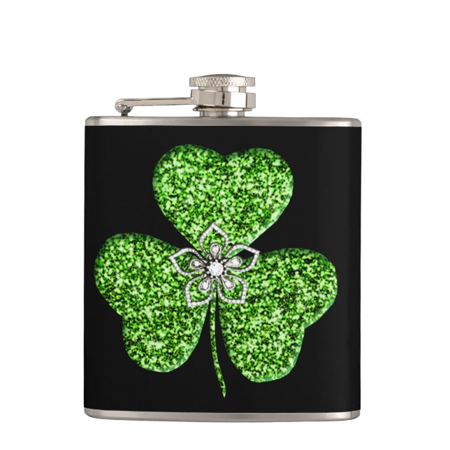 Glittrande Shamrock Och Blomma Flask Fickplunta (Framsidan)