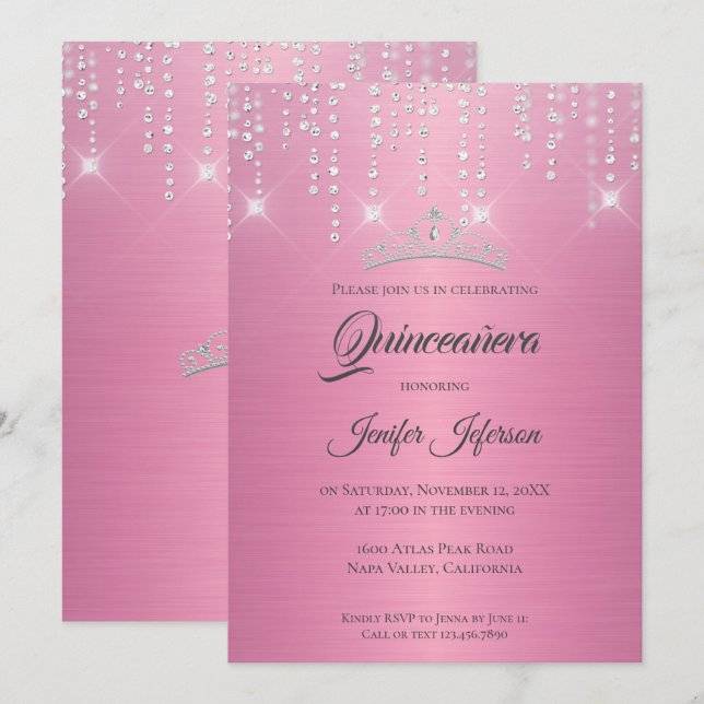Glittrande silver droppande Quinceanera inbjudan (Fram/baksida)