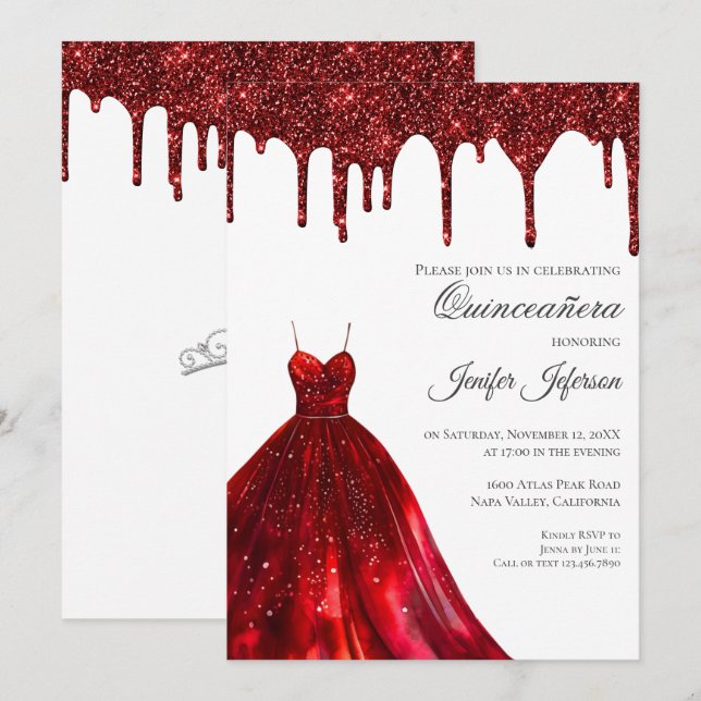 Glittrande silver droppande Quinceanera-inbjudan Inbjudningar (Fram/baksida)