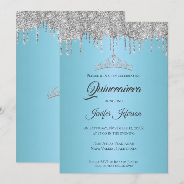 Glittrande silver droppande Quinceanera-inbjudan Inbjudningar (Fram/baksida)