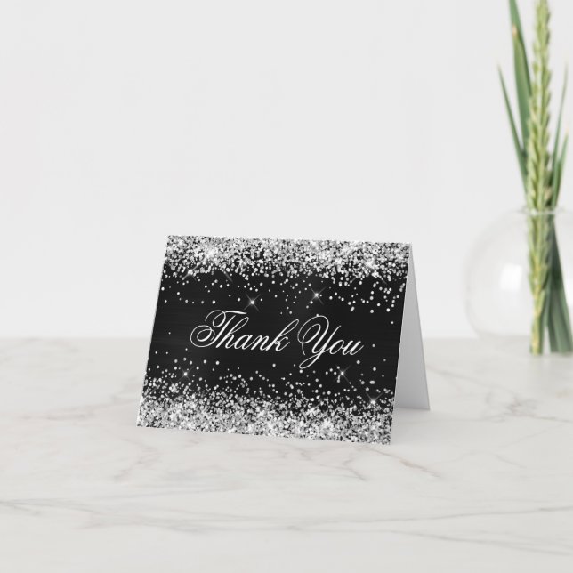 Glittrande Silver Falskt Glitter Svart Folie Tack Kort (Framsida)