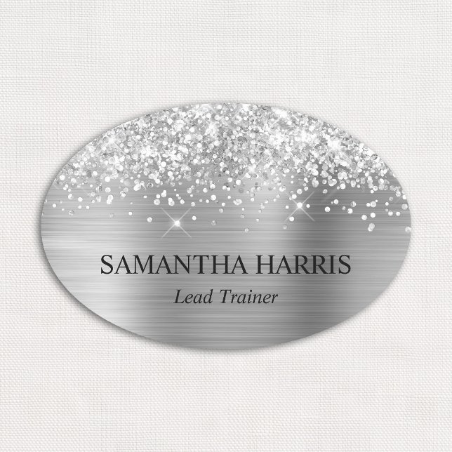 Glittrande Silver Folie Rektangel Logotyp Namnbricka (Glittery Silver Foil Rectangle Logo Name Tag)