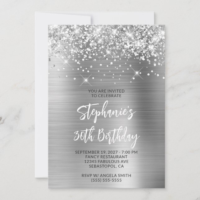 Glittrande Silver Glam 30-årsdag Borstskrift Inbjudningar (Framsida)