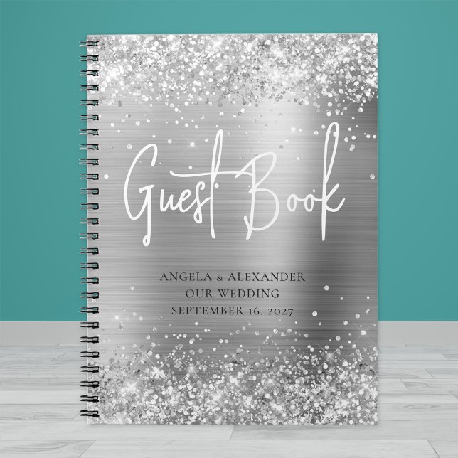 Glittrande Silver Glam Bröllopsgästbok Anteckningsbok (Skapare uppladdad)