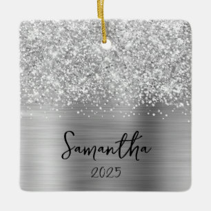 Glittrande Silver Glam Namn Foto Julgransprydnad Keramik