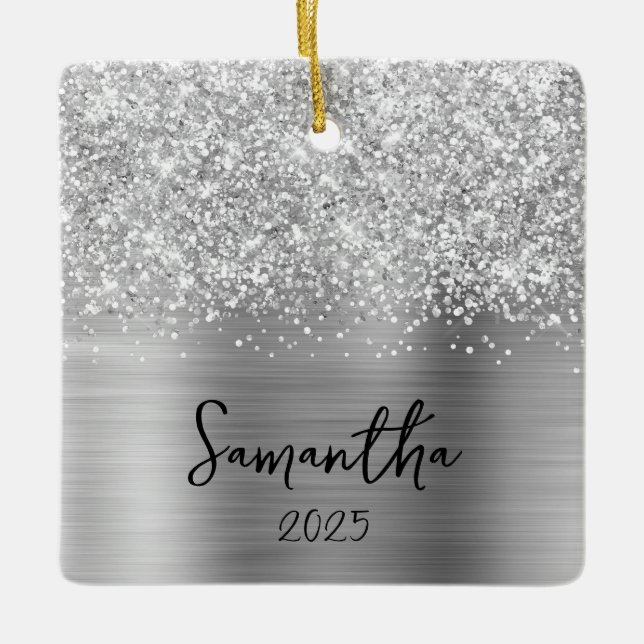 Glittrande Silver Glam Namn Foto Julgransprydnad Keramik (Framsida)