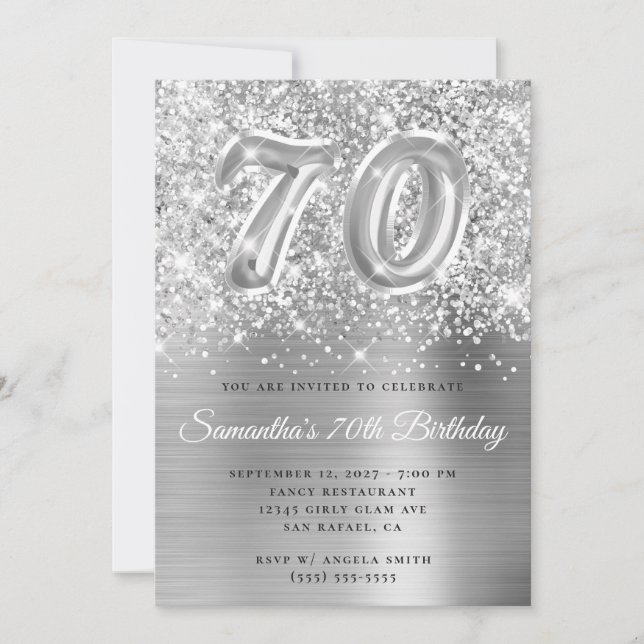 Glittrande Silver Glam Nummer 70-årsdag Inbjudningar (Framsida)
