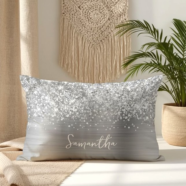 Glittrande Silver Glam Skriptnamn Lumbarkudde (Glittery Silver Glam Script Name Lumbar Pillow)