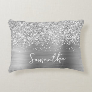 Glittrande Silver Glam Skriptnamn Prydnadskudde