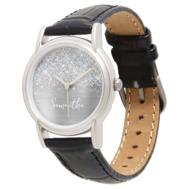 Glittrande Silver Glam Vitt Namn Armbandsur (Vinklad)