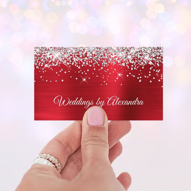 Glittrande Silver Glitter Ljusröd Satinfolie Visitkort (Silver Glitter Bright Red Satin Foil Business Card)