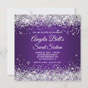 Glittrande Silver Glitter Royal Lila Sweet Sixteen Inbjudningar