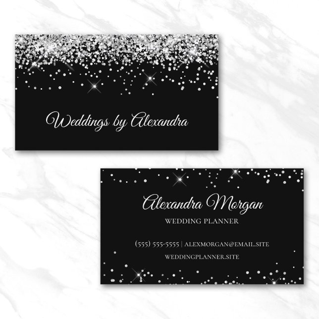 Glittrande Silver Glitter Solid Svart Färg Visitkort (Sparkly Silver Glitter Solid Black Color Business Card)