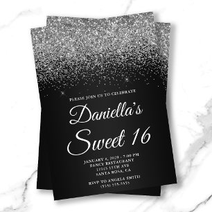 Glittrande Silver Glitter Svart Gradient Sweet 16 Inbjudningar