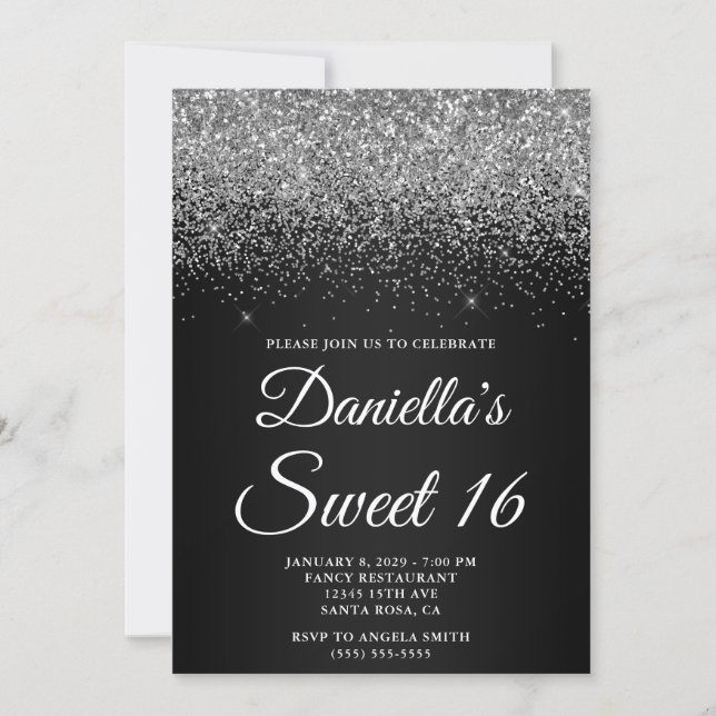 Glittrande Silver Glitter Svart Gradient Sweet 16 Inbjudningar (Framsida)