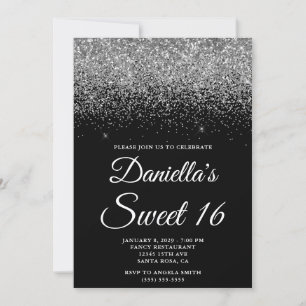 Glittrande Silver Glitter Svart Sweet 16 Inbjudningar