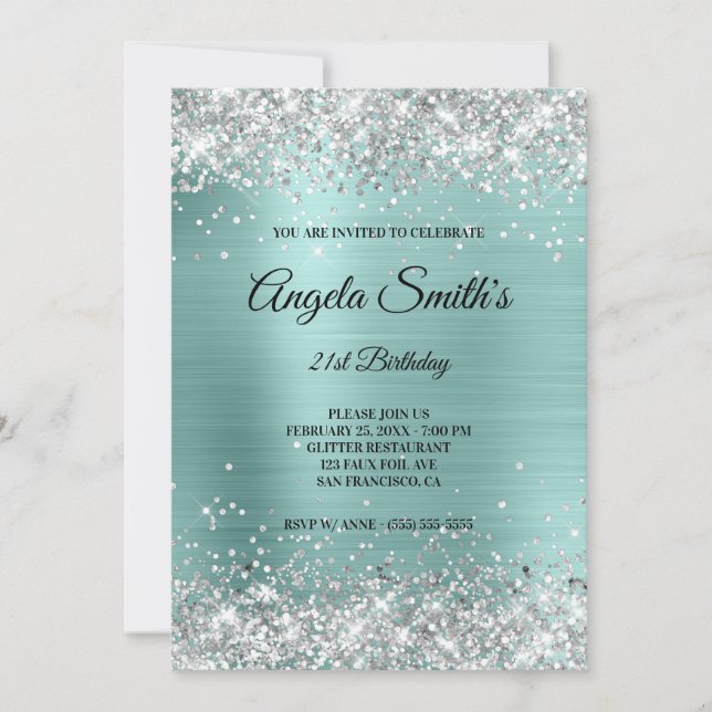 Glittrande Silver Glitter Turkos Folie Monogram Inbjudningar (Framsida)