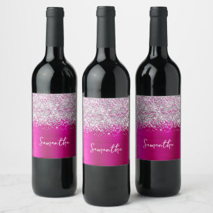 Glittrande Silver Hot Pink Glam Skriptnamn Vinflaska Etikett