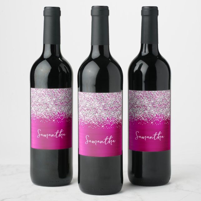 Glittrande Silver Hot Pink Glam Skriptnamn Vinflaska Etikett (Flaskor)