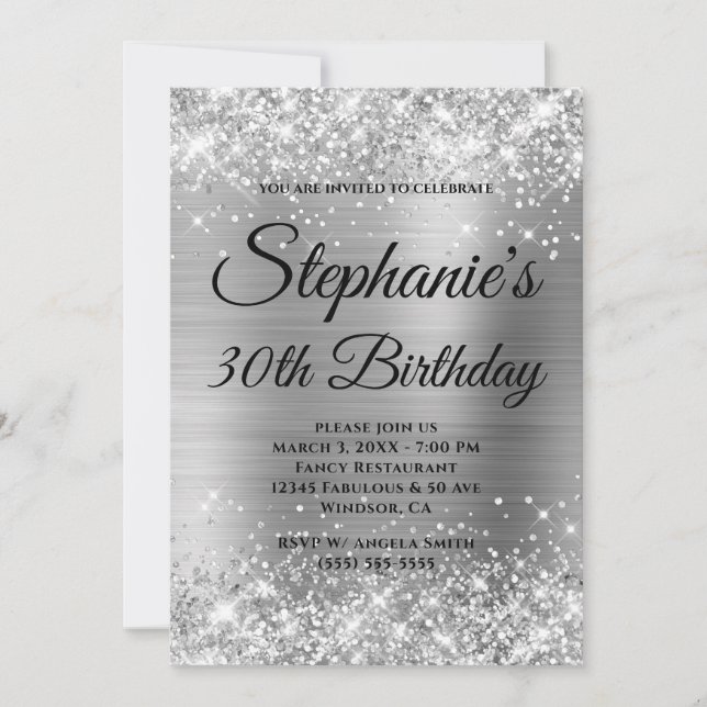 Glittrande Silver Lyxig Monogram 30-årsdag Inbjudningar (Framsida)