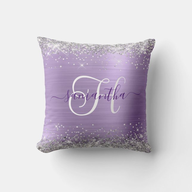Glittrande Silver och Ljus Lila Glam Monogram Kudde (Framsida)