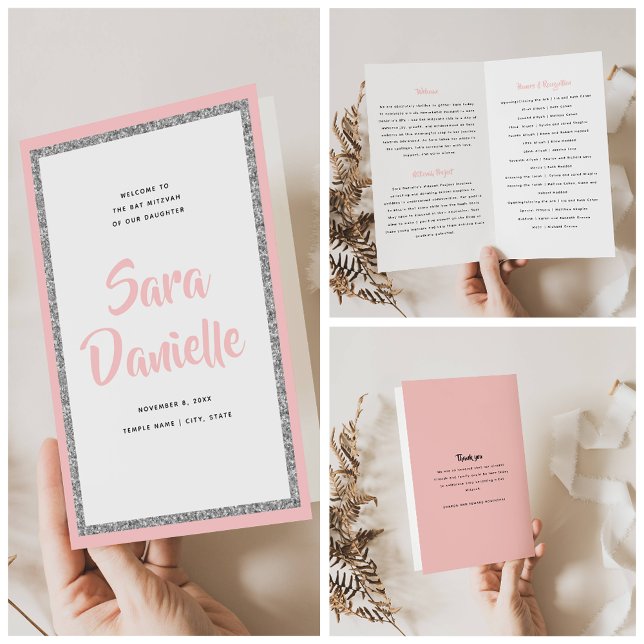 Glittrande silver och rosa Bat Mitzvah vikt progra Reklamblad (Skapare uppladdad)