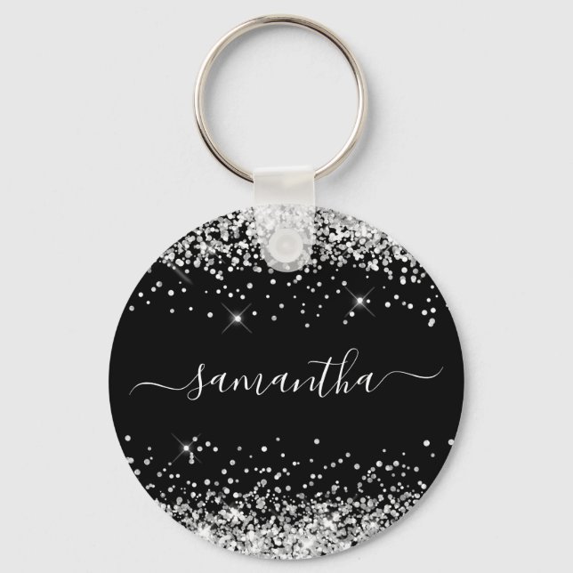 Glittrande silver och svart flickigt namn nyckelring (Framsida)