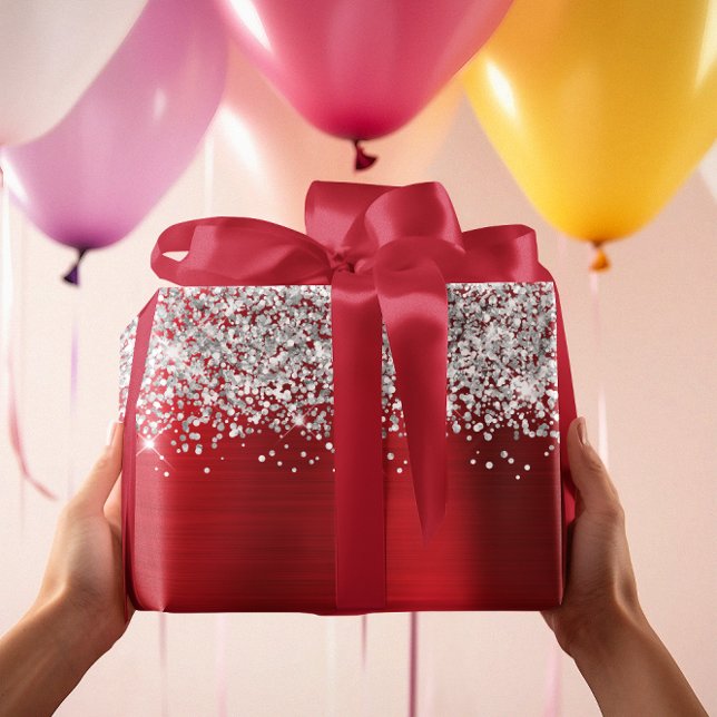 Glittrande Silver Röd Glam Presentpapper (Glittery Silver Red Glam Wrapping Paper)
