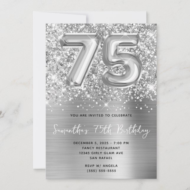 Glittrande Silverballong Glam 75-årsdag Inbjudningar (Framsida)