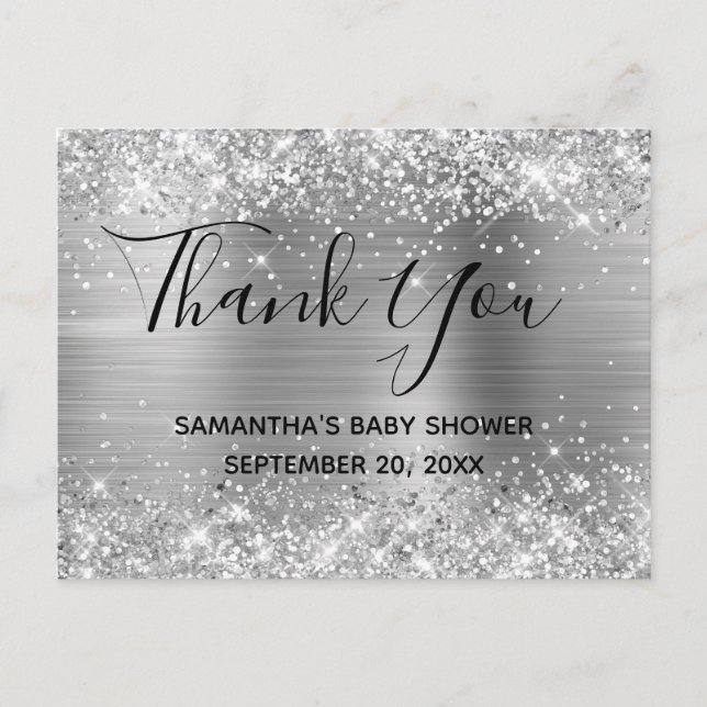 Glittrande silverfolie Baby Shower Tackkort Vykort (Framsida)