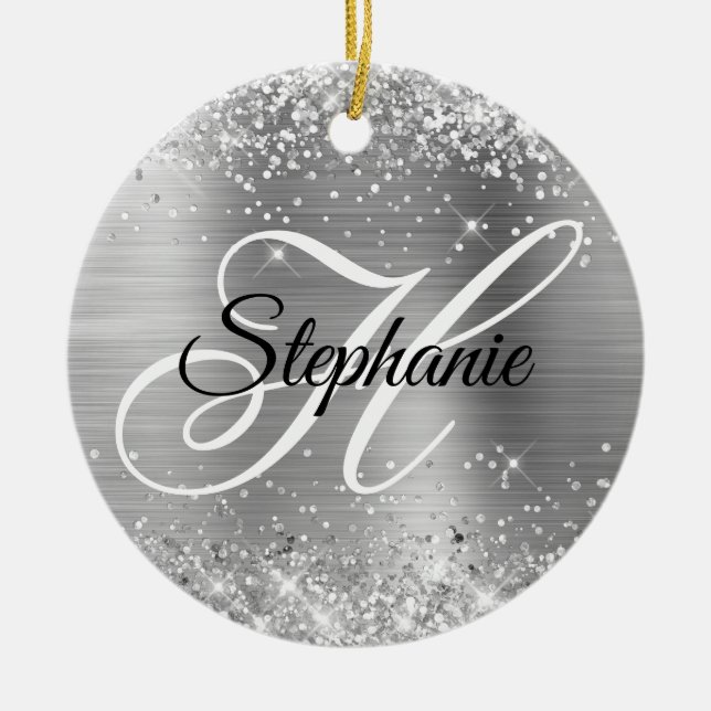 Glittrande Silverfolie Fancy Monogram Julgransprydnad Keramik (Framsidan)