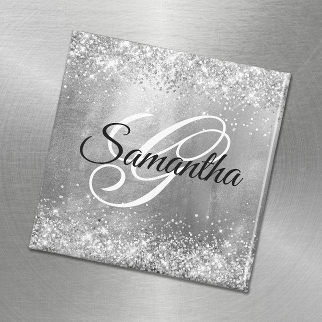 Glittrande silverfolie fancy monogram magnet (Skapare uppladdad)
