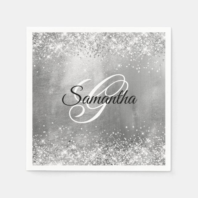 Glittrande silverfolie fancy monogram pappersservett (Framsidan)