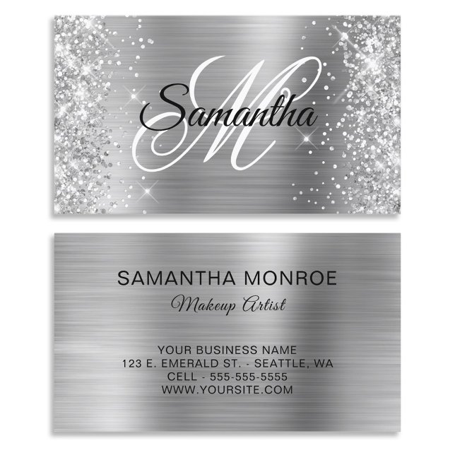 Glittrande silverfolie fancy monogram visitkort (Glittery Silver Foil Fancy Monogram Business Card)
