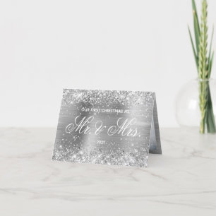 Glittrande Silverfolie Foto Vår Första Jul Helgkort