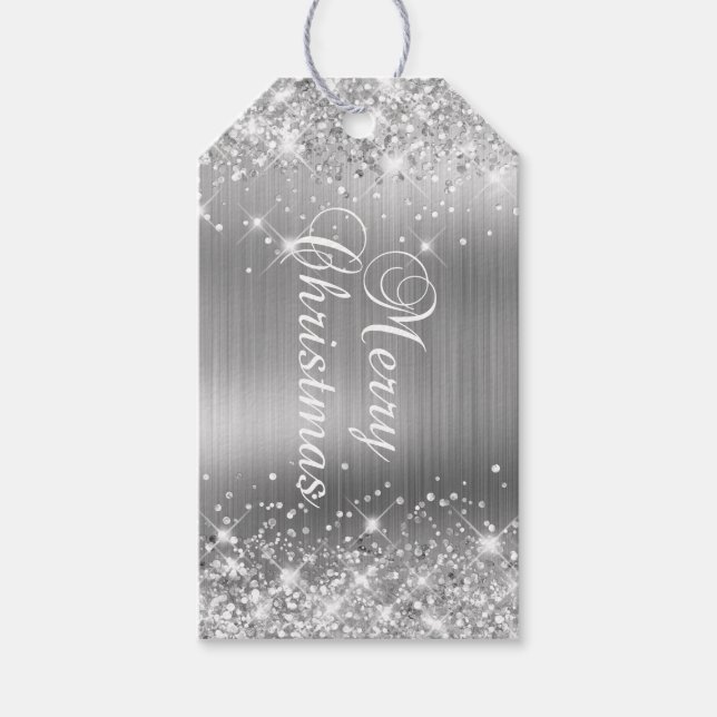 Glittrande silverfolie God Jul Presentetikett (Framsidan)