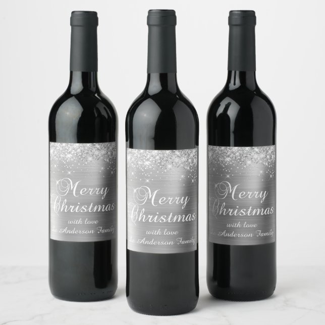 Glittrande Silverfolie God Jul Vinflaska Etikett (Flaskor)