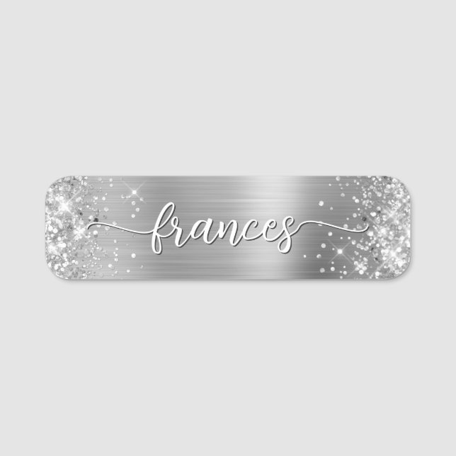 Glittrande silverfolie handskriven stil namnbricka (Framsida)